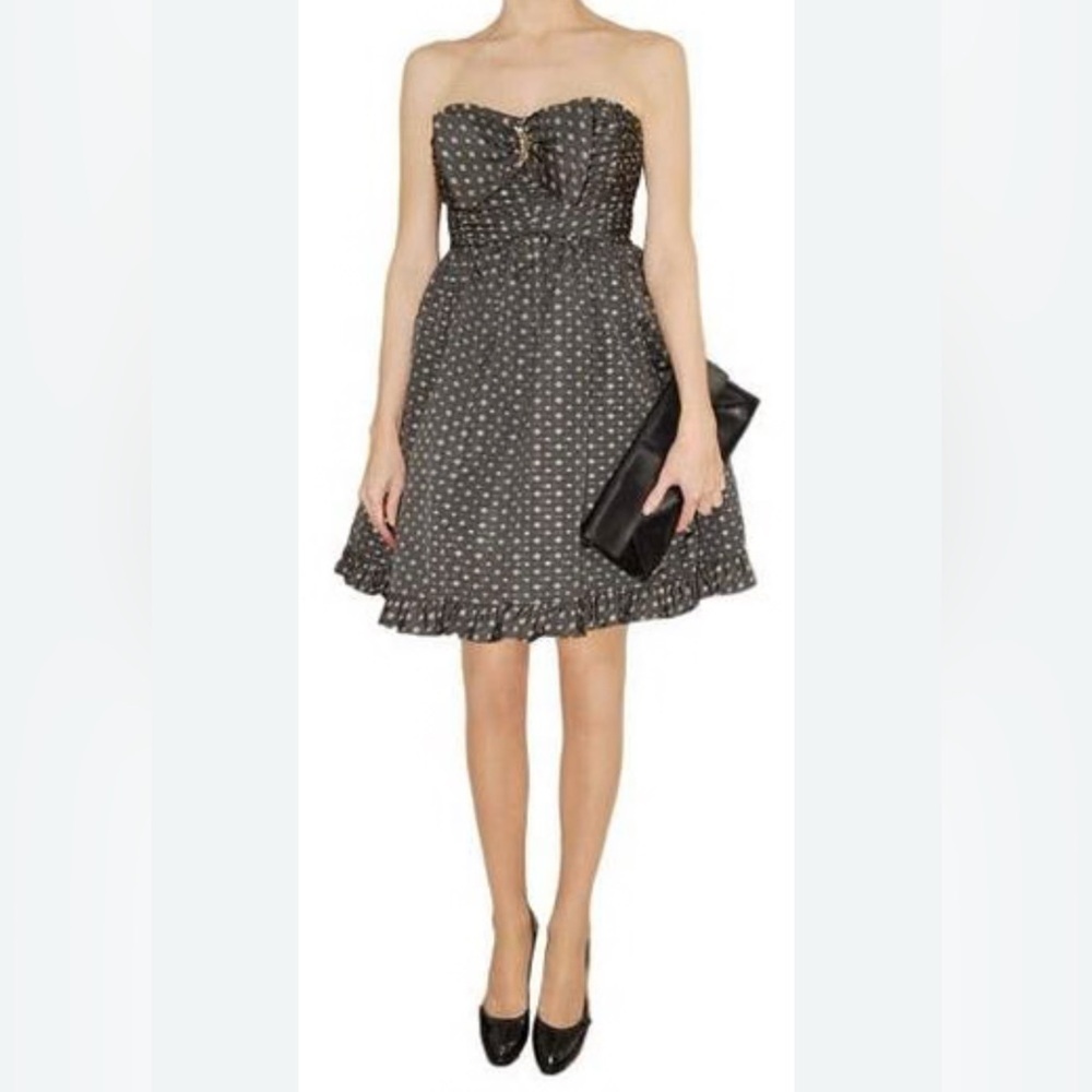 Nanette Lepore Strapless Dress with Blue Gray and Tan Pattern with Crystals